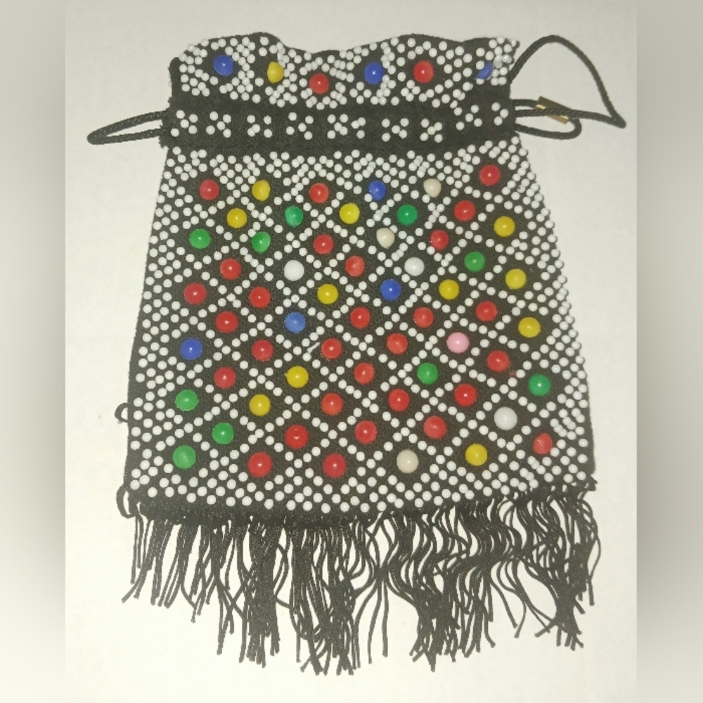 Women's Plastic Multi Color Beaded Purse Cinch Tie Fringe Accents Unbranded